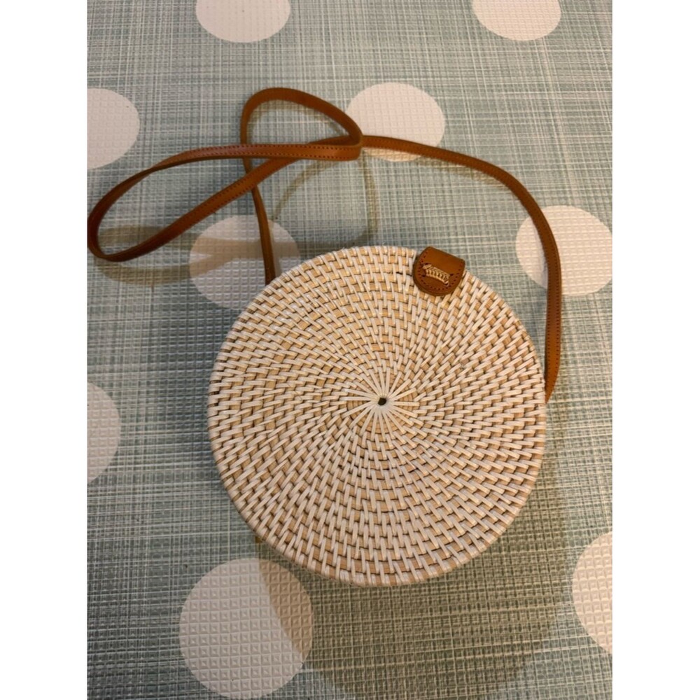 Woven Round Crossbody Bag in White and Tan